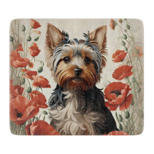 Planche À Découper Corte Yorkshire Terrier Botanique Poppies rouges