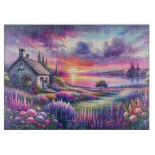 Planche À Découper Cottage au coucher de soleil pastel Jardin au bord