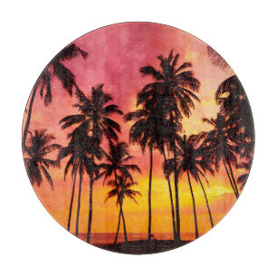 Planche À Découper Coucher de soleil tropical : Silhouette de palme s