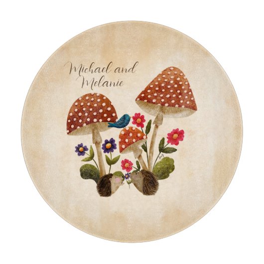 Planche À Découper Couple de hérissons avec champignons et fleurs (Devant)