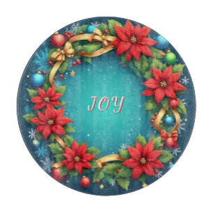 Planche À Découper Couronne de Noël festive avec poinsettias rouges
