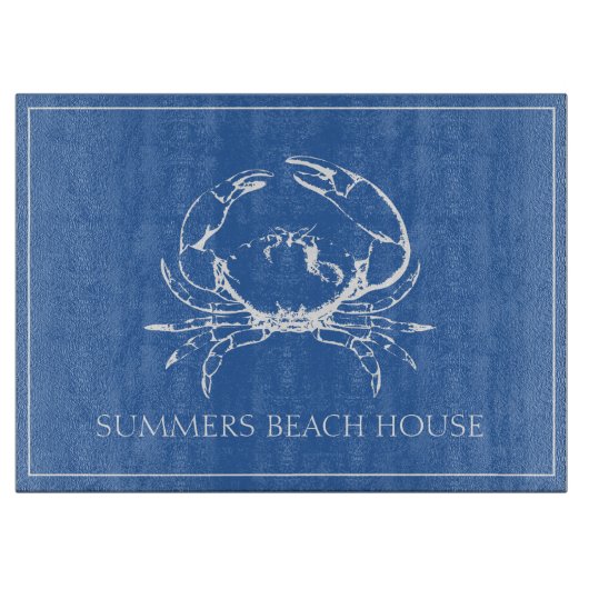 Planche À Découper Crabe blanc côtier sur bleu classique Personnalisé (Devant)