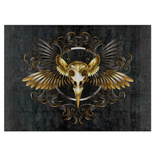 Planche À Découper Crâne d'oiseau doré sur fond noir (Devant)