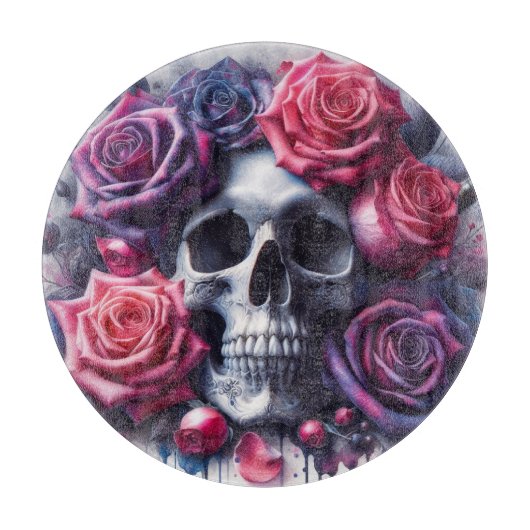 Planche À Découper Crâne entouré de Roses dynamiques (Devant)