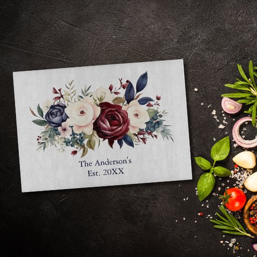 Planche À Découper Crème de Bourgogne Fleurs Aquarelle Bleu Marine