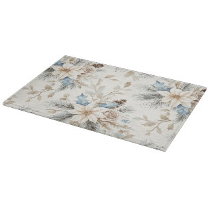 Planche À Découper Crème Poinsettia Bleu Floral Noël