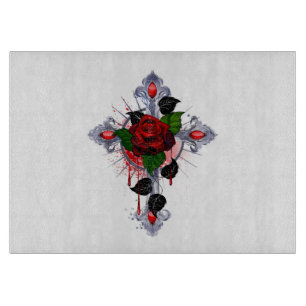 Planche À Découper Croix d'argent avec une rose rouge
