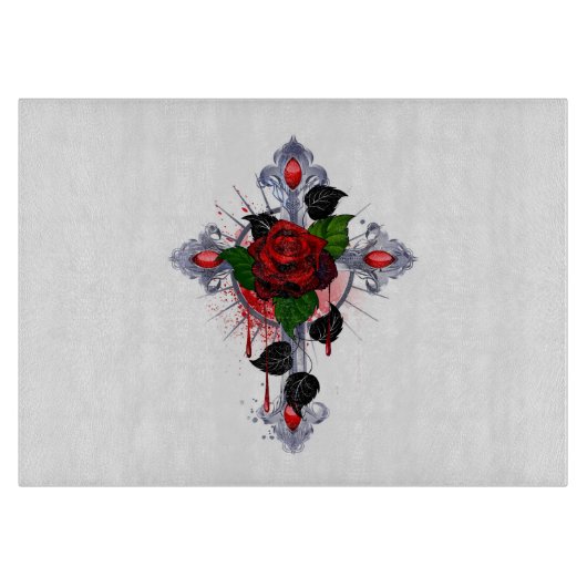 Planche À Découper Croix d'argent avec une rose rouge (Devant)