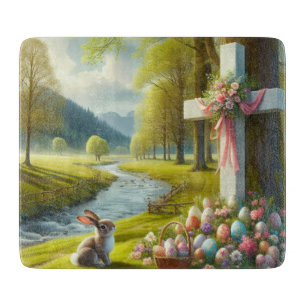 Planche À Découper Croix de Pâques avec lapin et oeufs