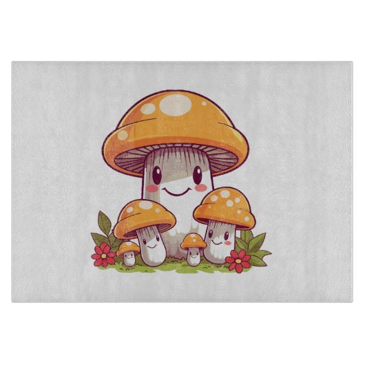 Planche À Découper Cueillette de champignons, style kawaii heureux (Devant)