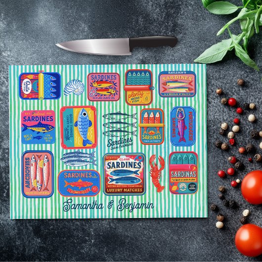 Planche À Découper Cute sardines cans crustaceans blue striped