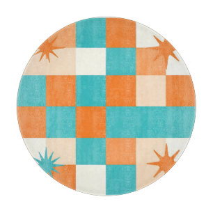 Planche À Découper Damier en éclaboussure d'étoiles sarcelle orange R