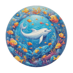Planche À Découper Dauphin entouré de poissons tropicaux vibrants