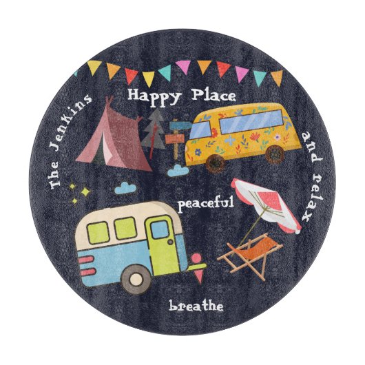 Planche à découper de camping rétro amusant. Libel (Devant)