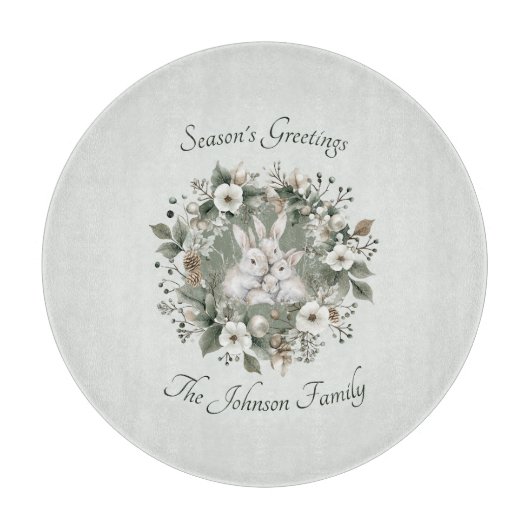 Planche À Découper Des lapins mignons dans une couronne d'hiver flora (Devant)