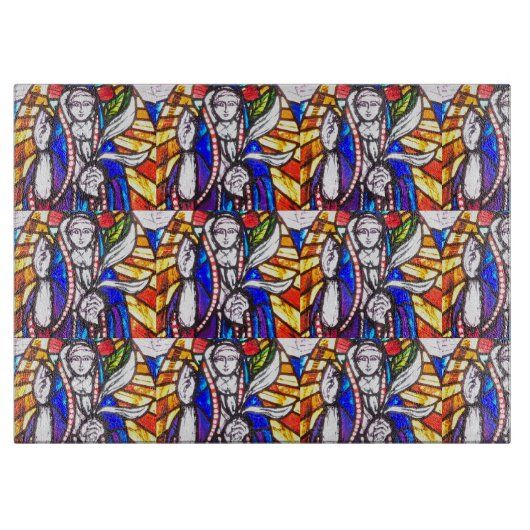 Planche À Découper Design en verre tendu avec la figure religieuse. (Devant)