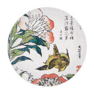 Planche À Découper Dessin japonais vintage, Peonies et Bruant