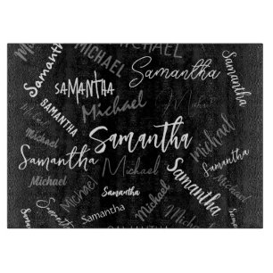 Planche À Découper Deux noms couple motif monogramme noir gris blanc