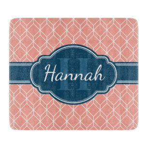 Planche À Découper Diamant géométrique rose Motif Monogramme bleu