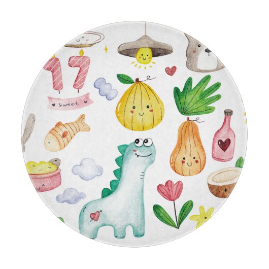 Planche À Découper Doodle aquarelle kawaii, prêt pour autocollant. (Devant)