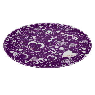 Planche À Découper Doodles d'amour du coeur violet blanc-rond tableau