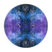 Planche À Découper Douze symboles de Zodiaque gris sur la galaxie ble (Devant)