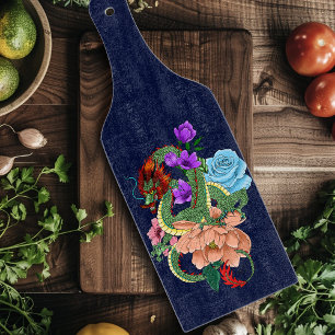 Planche À Découper Dragon Chinois Vert Mystique Floral Bleu Marine