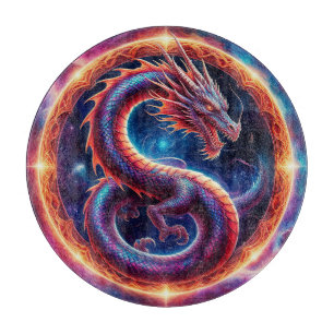 Planche À Découper Dragon Cosmique Ardente Entouré d'un Anneau Célest