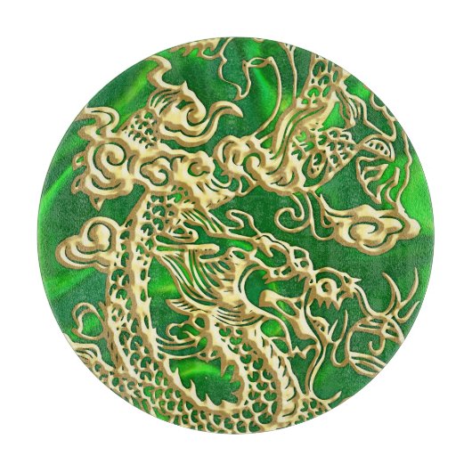 Planche À Découper Dragon en or embouti sur impression de satin vert (Devant)