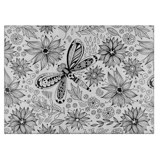 Planche À Découper Dragonfly et doodle de fleurs (Devant)
