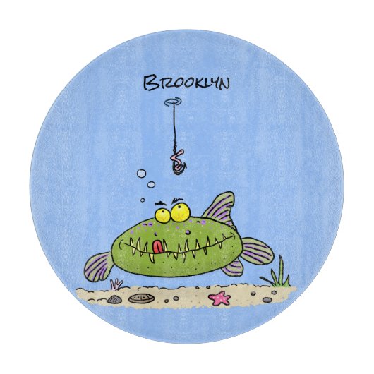 Planche À Découper Drôle gras affamé poisson vert dessin de pêche (Devant)