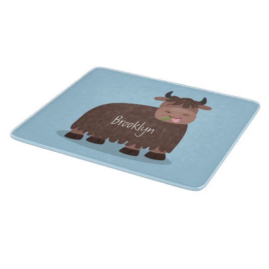 Planche À Découper Drôle joyeux yak mangeant de l'herbe dessin d'illu (Coin)