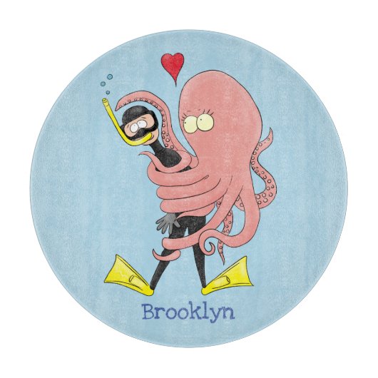 Planche À Découper Drôle pieuvre embrasse plongeur dessin animé humou (Devant)