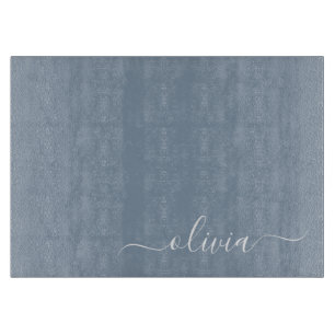 Planche À Découper Dusty Blue Modern Script Élégant Monogramme Nom Co