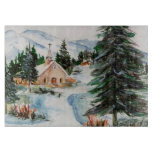 Planche À Découper Église de pays dans la scène de montagne