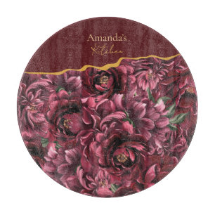 Planche À Découper Élégance des fleurs bordeaux avec accent or