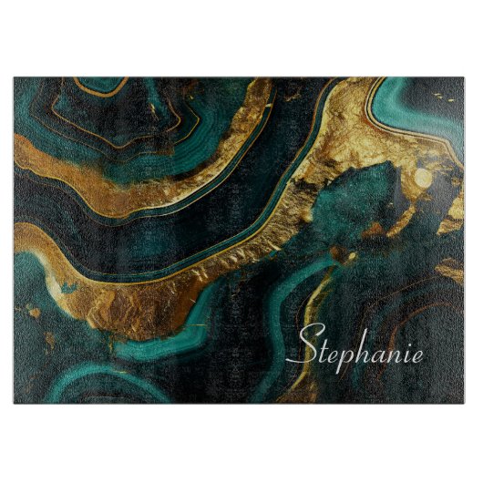 Planche À Découper Élégance Emeraude : Marbre vert et or personnalisé (Devant)