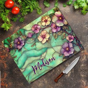 Planche À Découper Élégant Art Floral en Verre Coloré Turquoise et Vi