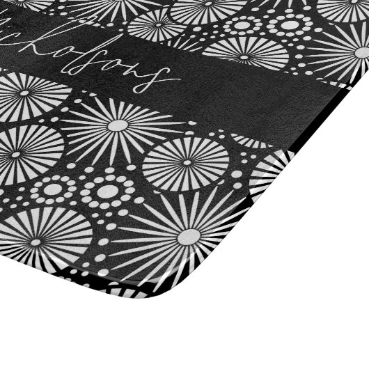 Planche À Découper Elegant Black White Geometric Starburst Name (Coin)
