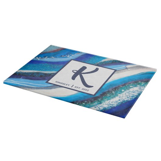 Planche À Découper Élégant bleu Marbre Géode Agate Famille Abstraite (Coin)