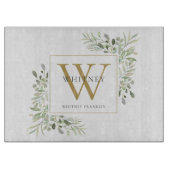 Planche À Découper Élégant feuillage de verdure Monogramme doré (Devant)