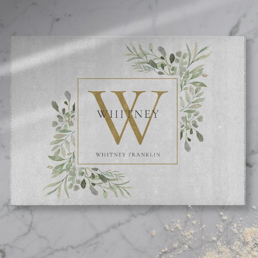Planche À Découper Élégant feuillage de verdure Monogramme doré