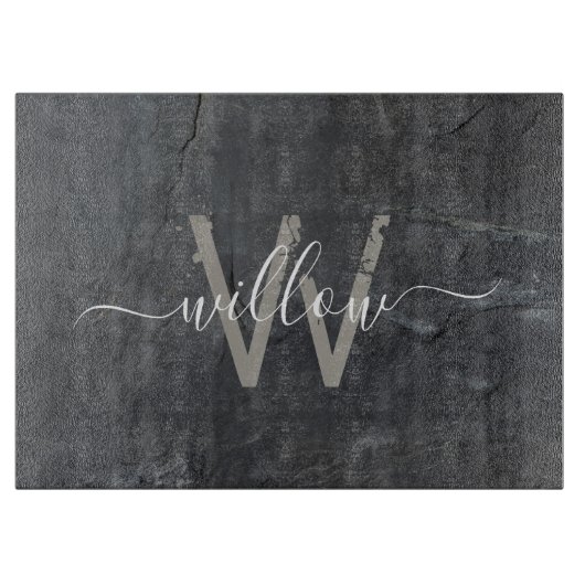 Planche À Découper Élégant Gris de Charbon Stone Script Monogramme (Devant)