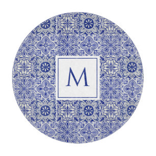 Planche À Découper Élégant Monogramme Bleu Blanc