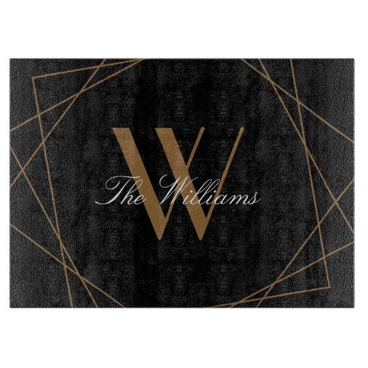 Planche À Découper Élégant Monogramme d'or noir Nom géométrique Scrip (Devant)