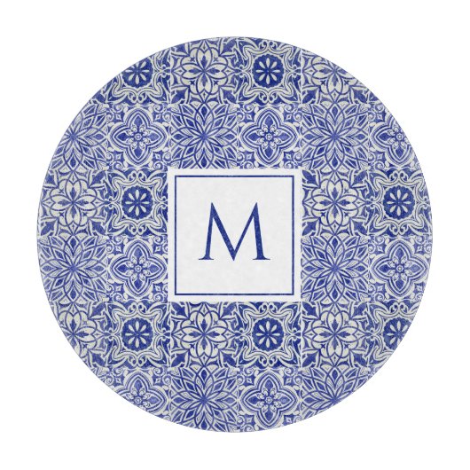 Planche À Découper Élégant Monogramme Personnalisé Bleu Blanc (Devant)