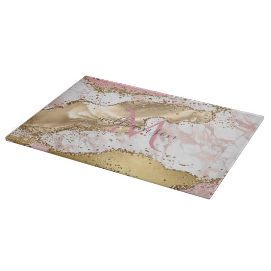 Planche À Découper Élégant or Rose | Monogramme Marbre blanc (Coin)