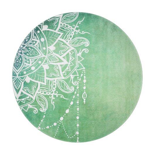 Planche À Découper Elégant Ornate Zen Mandala Rosette Tons verts (Devant)
