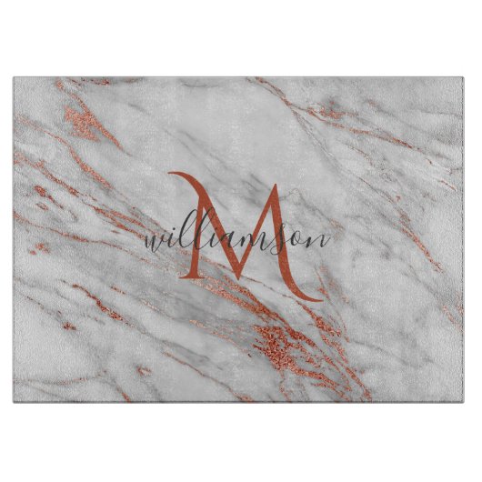 Planche À Découper Élégant Rose Marbre blanc en cuivre or Monogramme (Devant)
