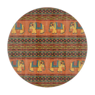 Planche À Découper Eléphants Indiens, Orange Traditionnel Sans Seamle